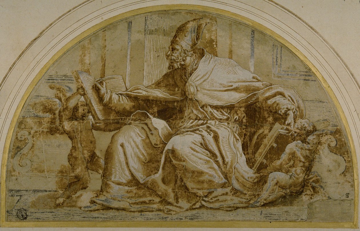 Padre da Igreja sentado (Santo Agostinho?) com Putti de Perino del Vaga