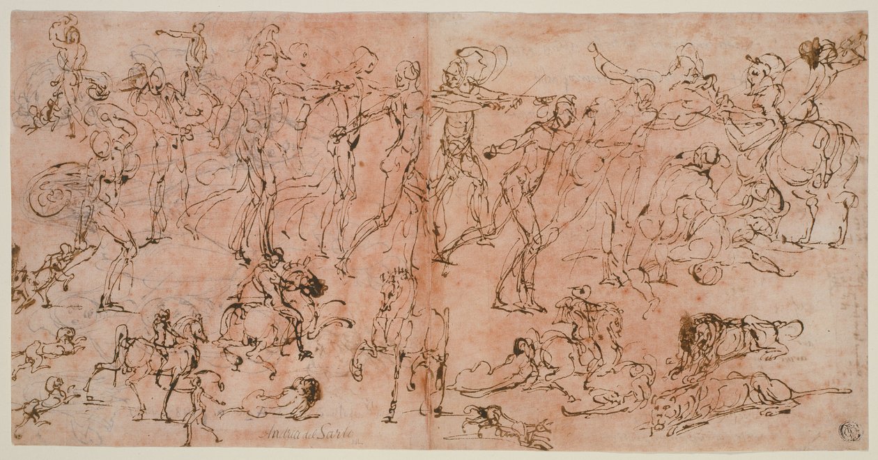 Estudos de Guerreiros, Cavaleiros e Leões (reto); Estudos de Cabeças e Nus, Planta do Teto e Inscrições (verso) de Perino del Vaga