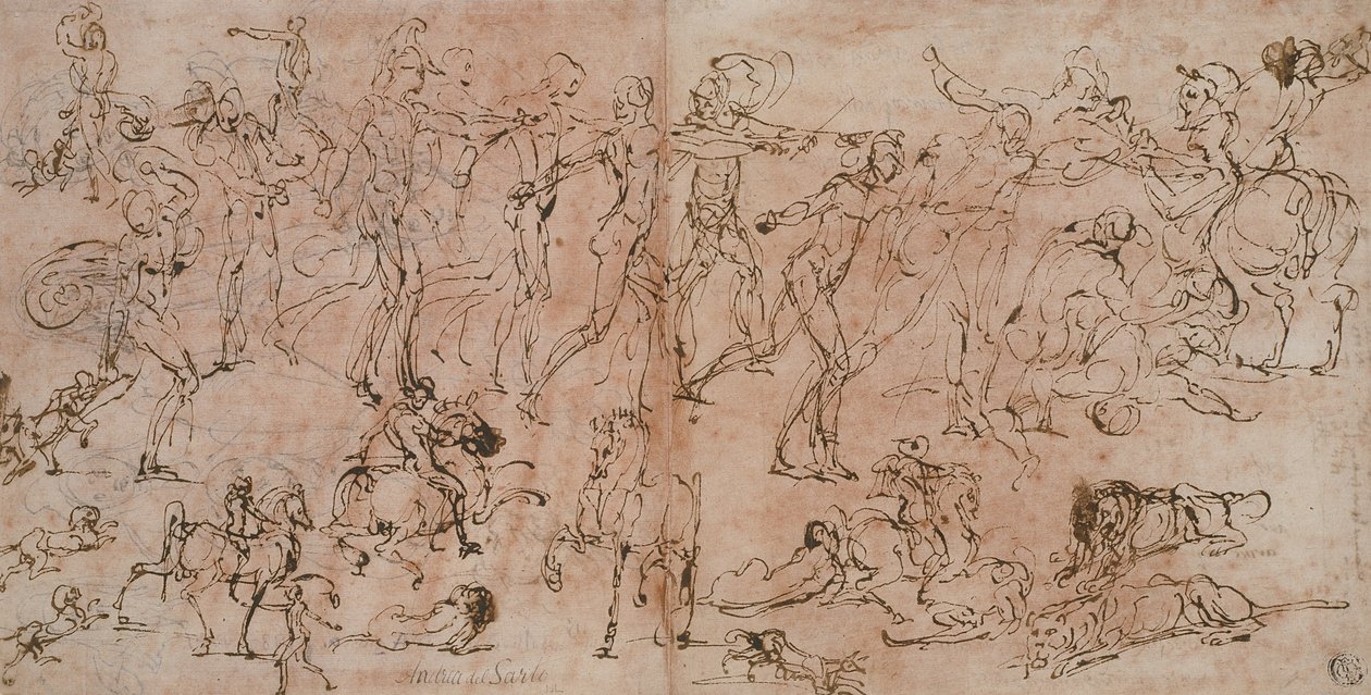 Estudos de guerreiros, cavaleiros e leões, 1528-33 de Perino del Vaga