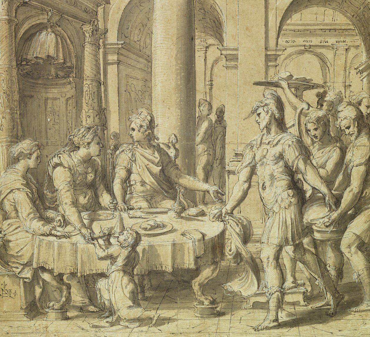 O Banquete de Dido e Aeneas, modelo para uma tapeçaria na série História de Enéias, c.1532 (caneta e tinta sobre papel) de Perino del Vaga