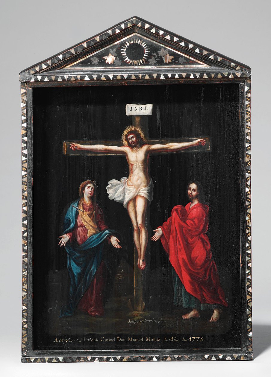 Um santuário de laca cristã (Seigan), pintura do século 18 (óleo sobre painel com madrepérola, ouro e prata) de Period Momoyama