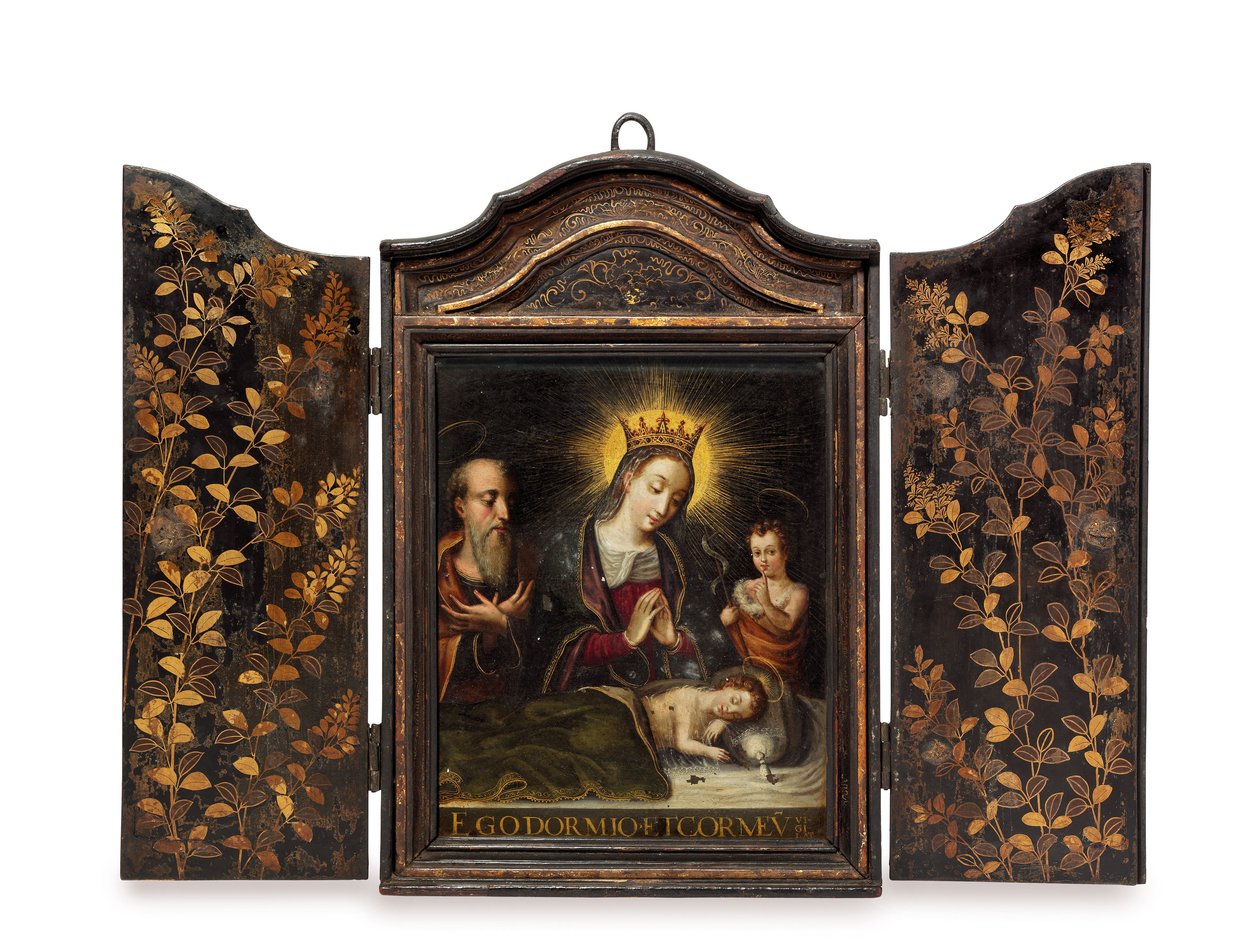 Um santuário cristão portátil (Seigan) encomendado pelos jesuítas portugueses (óleo sobre cobre na caixa) de Period Momoyama