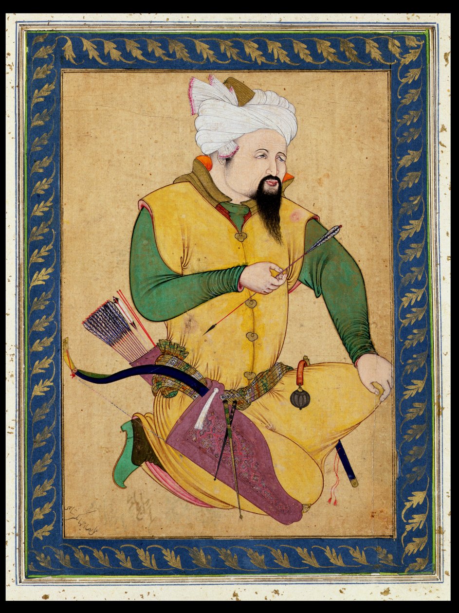 Um turcomano ou chefe mongol segurando uma flecha, do álbum Large Clive, 1591-92 (pintar sobre algodão) de Persian School