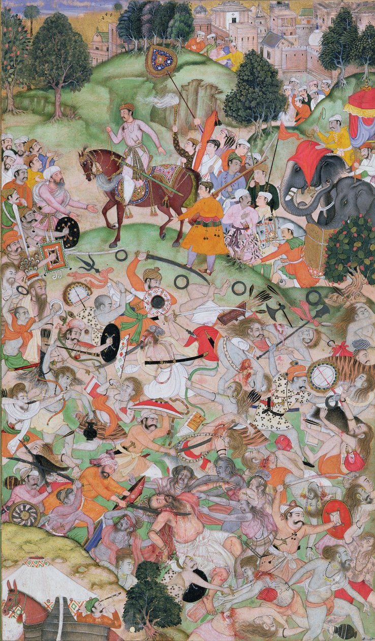 Akbar ajudando na discussão dos ascetas, do Akbarnama, Mughal, c.1590-95 (wc opaca e ouro no papel) de Persian School
