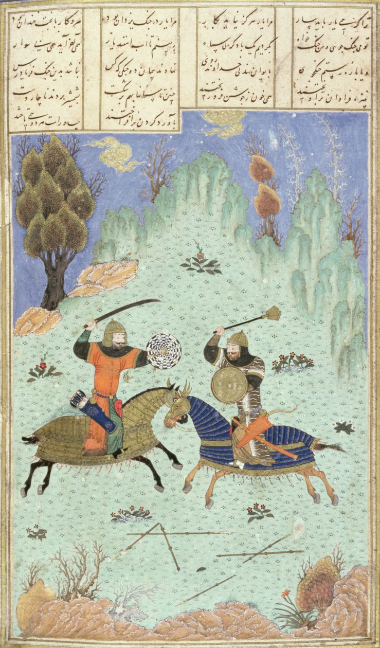Batalha entre Rustam e Isfandiyar, ilustração do Shahnama (Livro dos Reis), de Abul-Qasim Manur Firdawsi (c.934-c.1020) c.1440-45 (caneta, tinta e wc em pergaminho) de Persian School