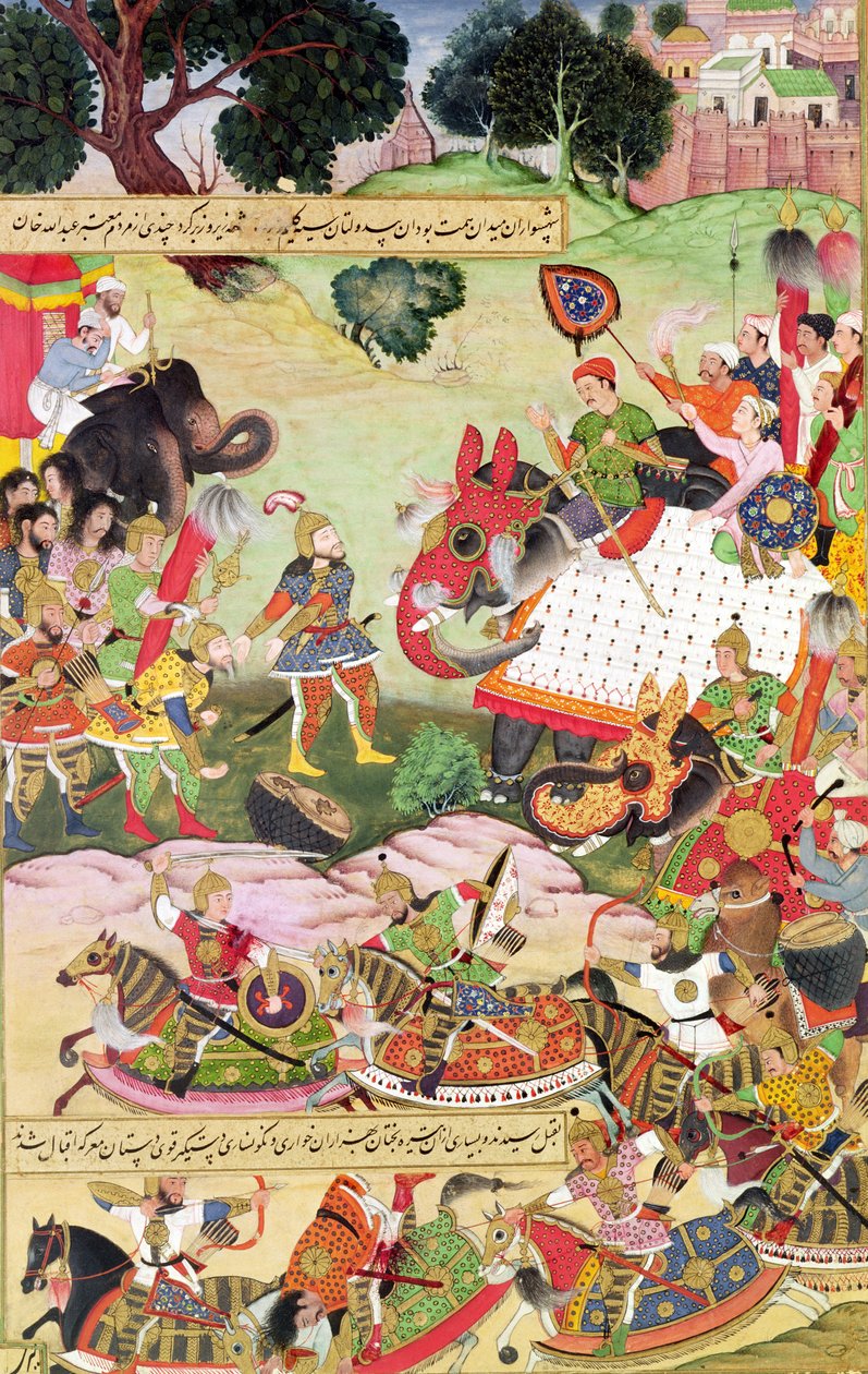 Batalha entre as forças da Pérsia e Turan, ilustração do &39;Shahnama&39; (Livro dos Reis), por Abu&39;l-Qasim Manur Firdawsi (c.934-c.1020) 1396 de Persian School