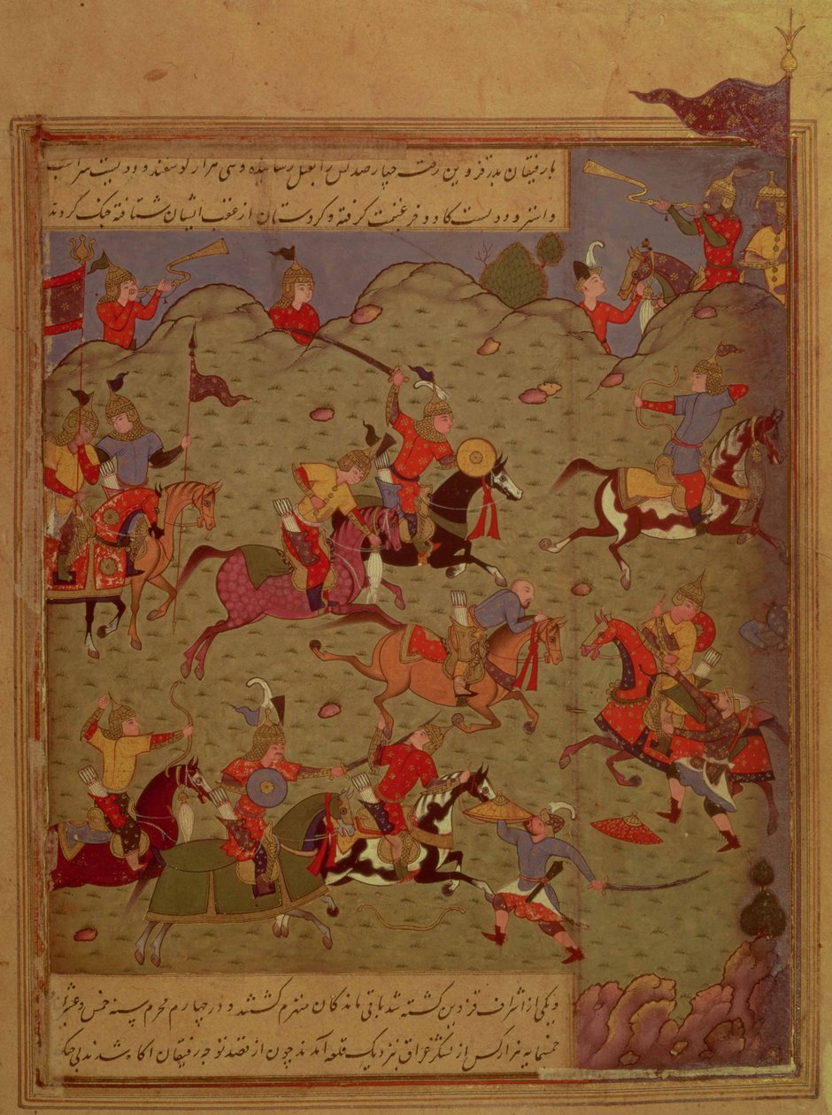 Codrington MS (No.249A). Uma cena de batalha, do Iskandar-nama por Nizami, c.1525 (wc, tinta e ouro no papel) de Persian School