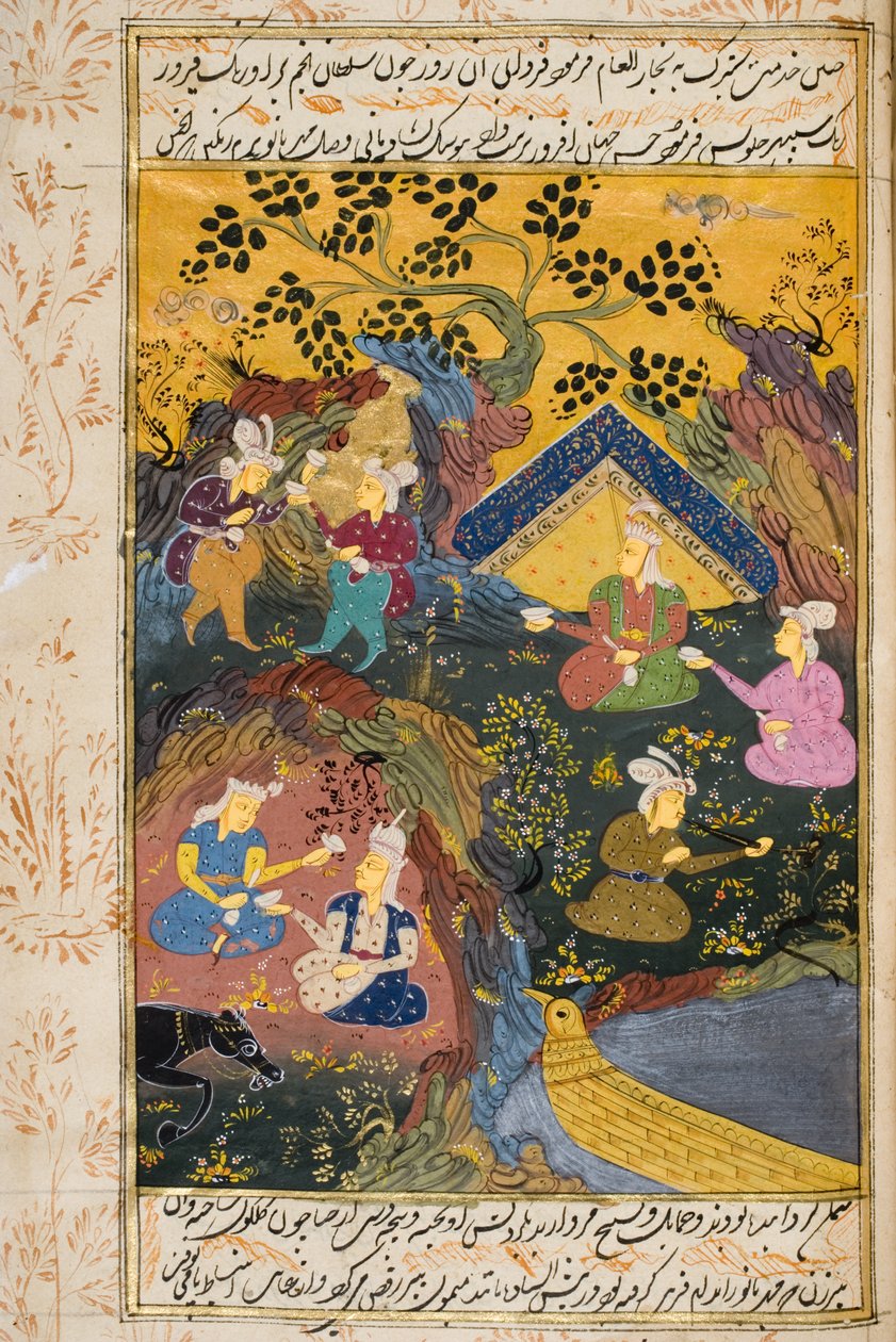 Beber a festa ao ar livre por rio ou lago (wc opaca e ouro sobre papel) de Persian School