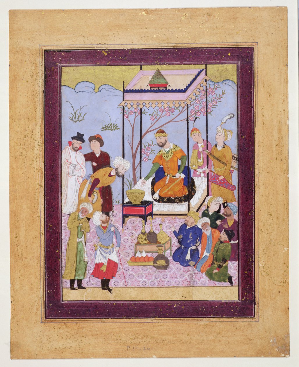 Khamsa de Nizami em um pavilhão entre seguidores e atendentes, c.1590 (wc, bodycolour e dourado no cartão) de Persian School