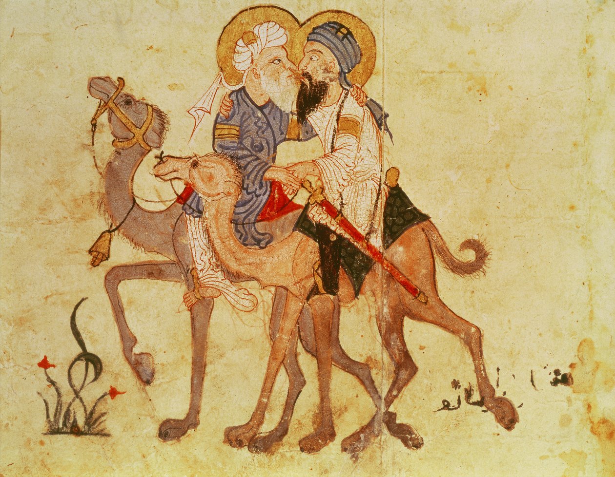 Ms Ar 3929 f.122, Despedidas de Abu-Zayd e Al-Harith antes do retorno a Meca, de &39;Al Maqamat&39; (As Reuniões) por Al-Hariri, c.1240 (guache sobre velino) de Persian School