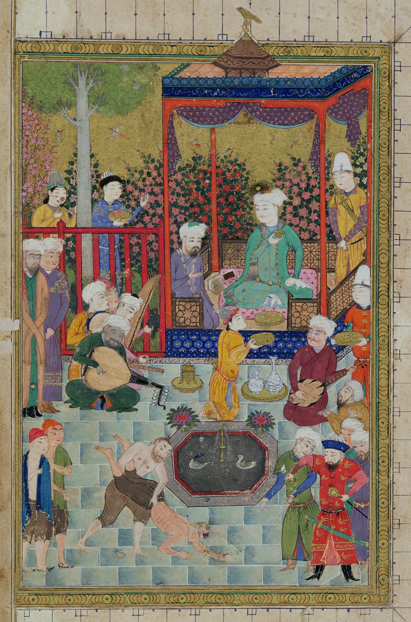 Ms C-822 fol.1v Uma recepção principesca, ilustração do &39;Shahnama&39; (Livro dos Reis), por Abu&39;l-Qasim Mansur Firdawsi (c.934-c.1020), 1460-70 de Persian School
