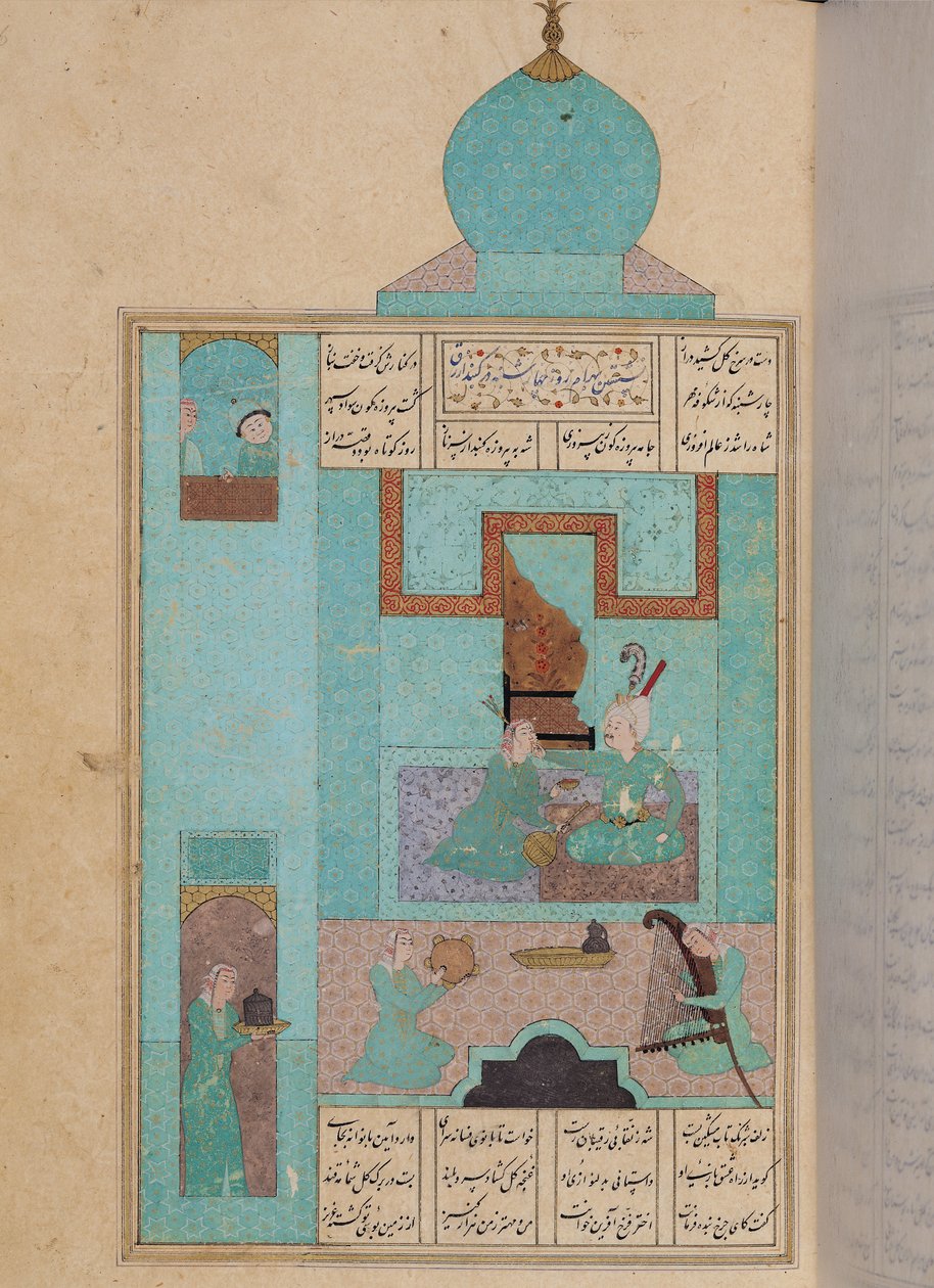 Sra. D-212 fol.216a Bahram visita uma princesa no Pavilhão Turquesa, ilustração de &39;As Sete Princesas&39;, 1199, de Elias Nezami (1140-1209) c.1550 de Persian School