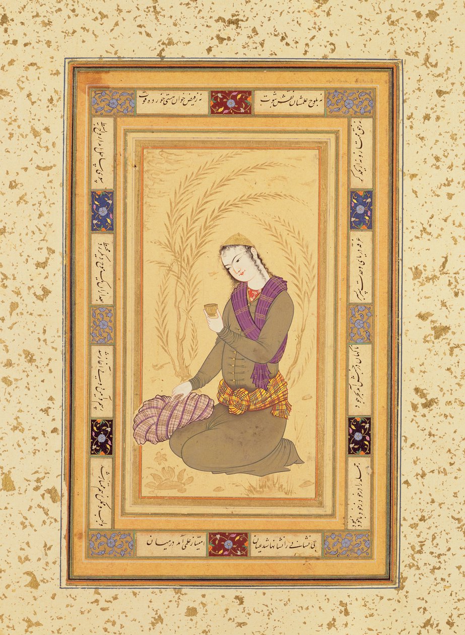 Juvenil sentado segurando uma xícara, do Álbum Large Clive, c.1610-20 de Persian School
