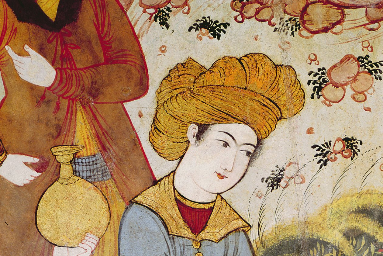 Xá Abbas I (1588-1629) e um cortesão oferecendo frutas e bebidas (detalhe de 155563 que descreve a cabeça do cortesão) de Persian School
