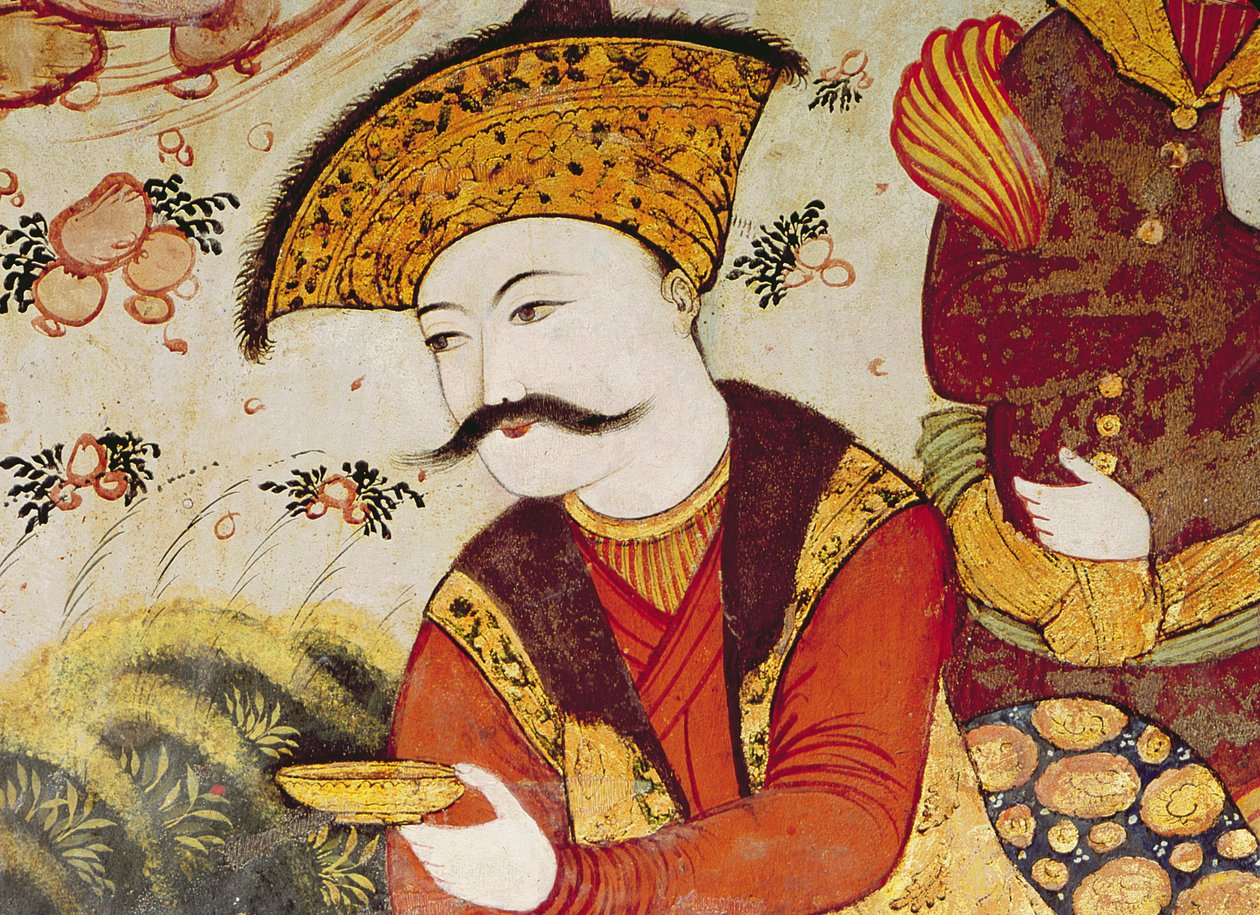 Shah Abbas I (1588-1629) e um cortesão oferecendo frutas e bebidas (detalhe de 155563 mostrando a cabeça do Xá) de Persian School