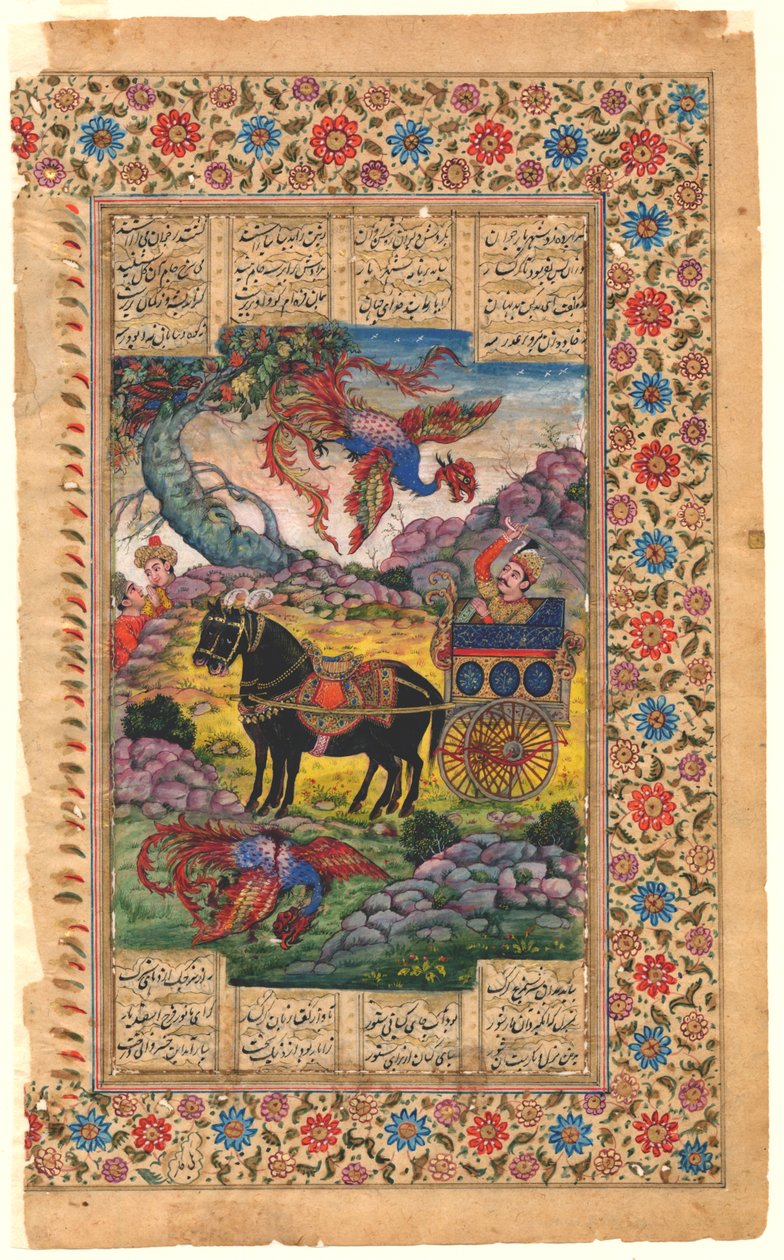 Shahnama: Isfandiyar em seu carro blindado encontra o Simurgh, 1600-1625 (tempera) de Persian School