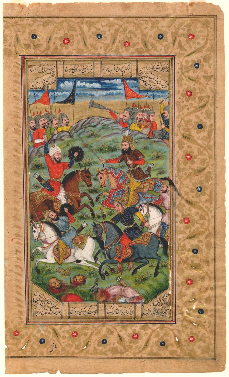 Shahnama: Rustam e Isfandiyar começam sua luta, 1600-1625 (temperamento) de Persian School