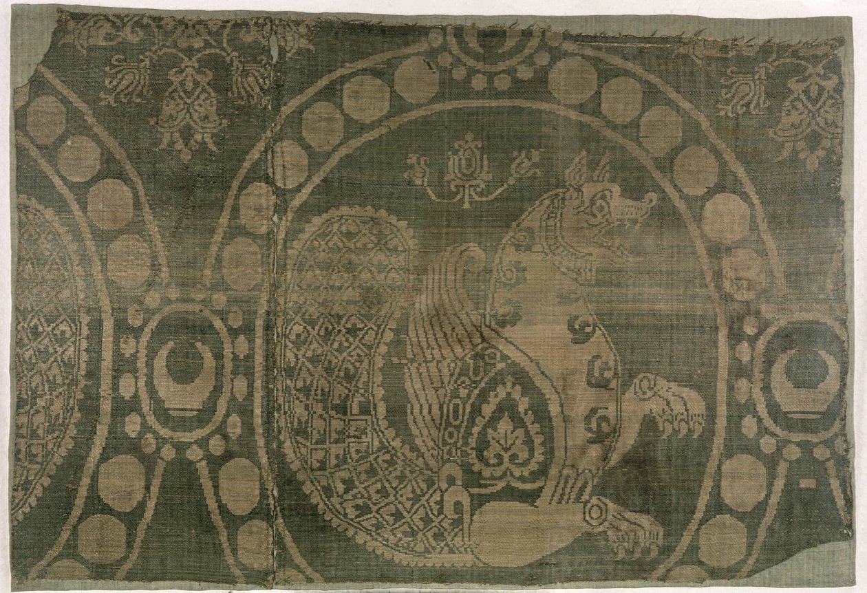 Fragmento de seda mostrando o Senmurv, Dinastia Sassânida (226-651) (têxtil) de Persian School