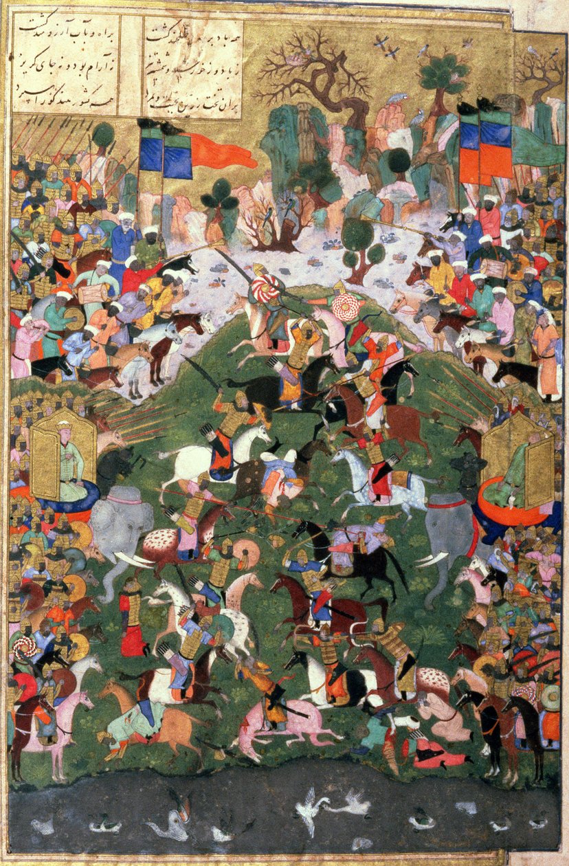A Origem do Xadrez: Batalha Entre Gaw e Talhand, ilustração do Shahnama (Livro dos Reis), de Abul-Qasim Manur Firdawsi (c.934-c.1020) c.1440-45 (caneta, tinta e wc em pergaminho) de Persian School