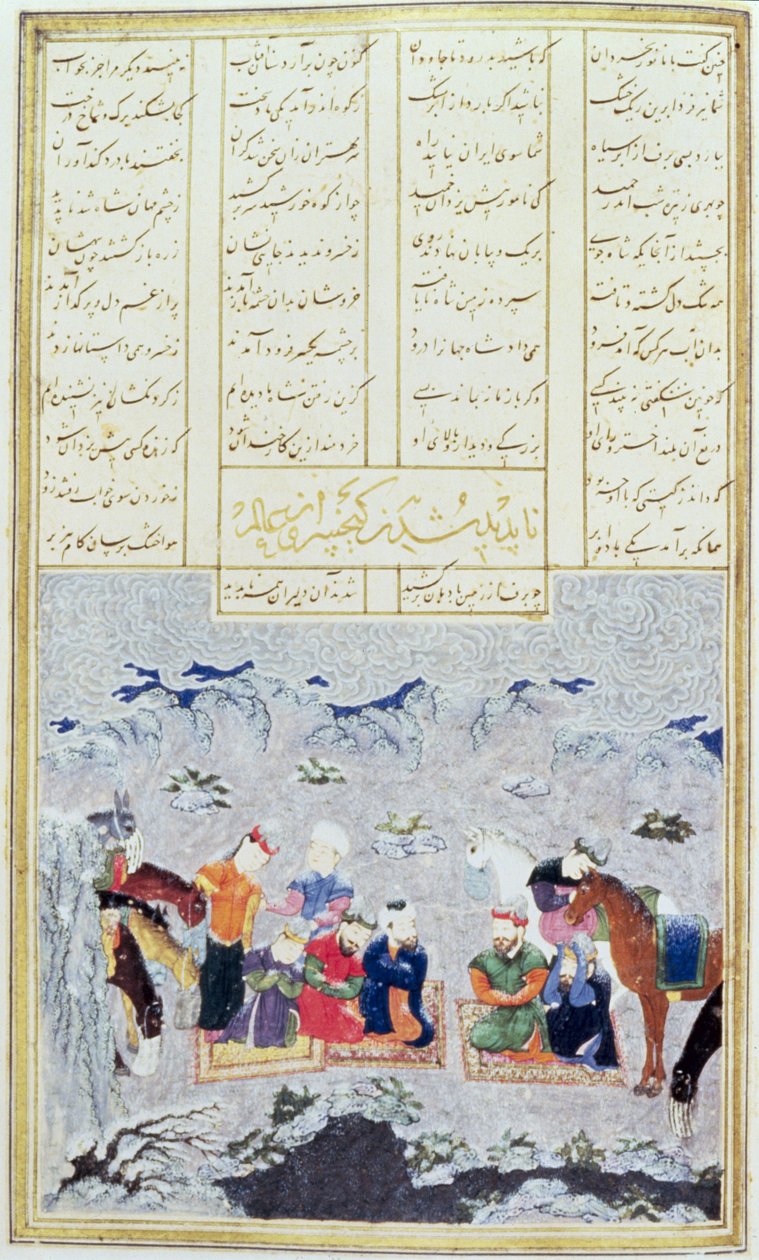 Os Paladinos na Tempestade da Neve, ilustração do Shahnama (Livro dos Reis), de Abul-Qasim Manur Firdawsi (c.934-c.1020) c.1440-45 (caneta, tinta & wc em pergaminho) de Persian School