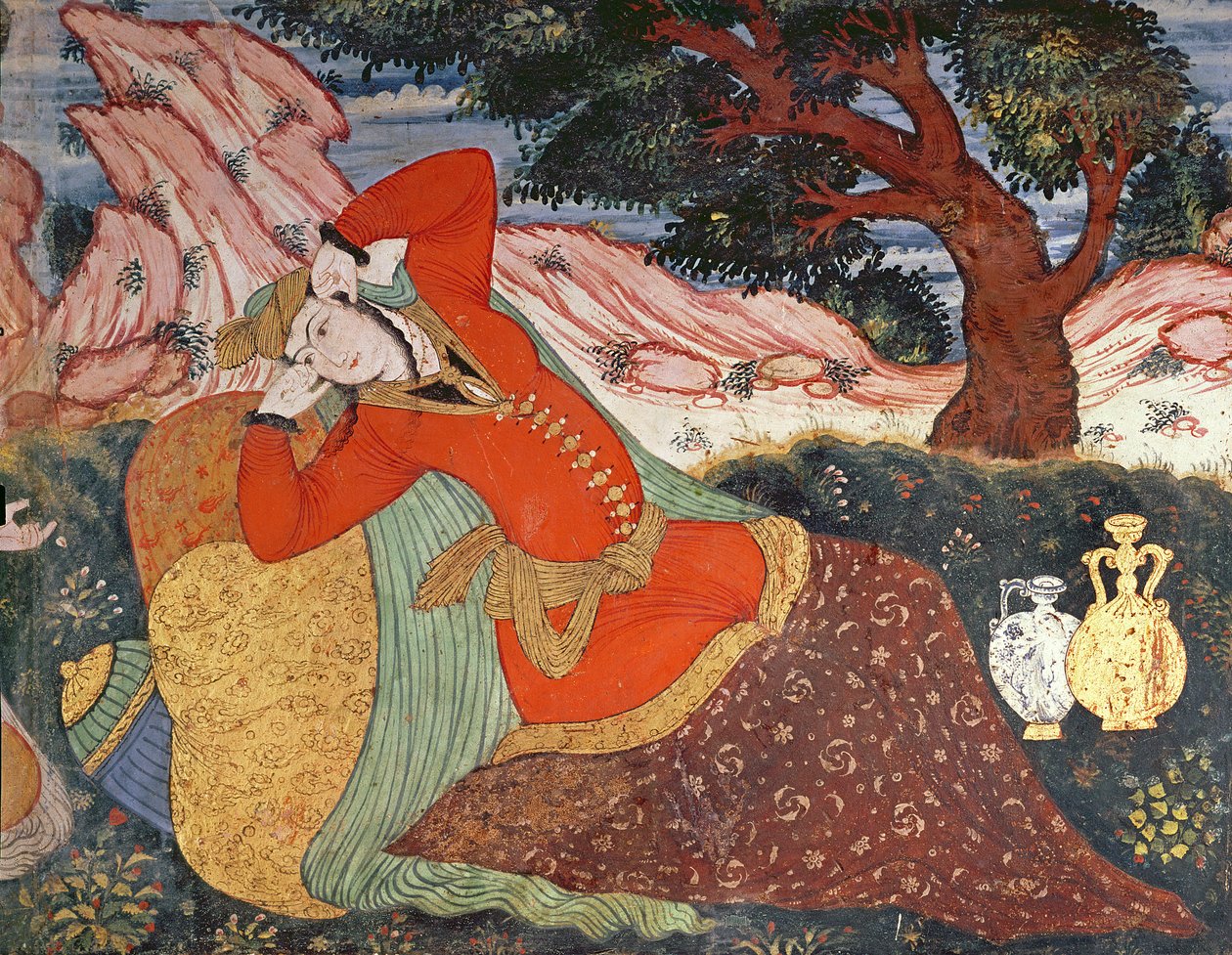 Mulher do Tribunal do Xá Abbas I, 1585-1627 (detalhe) de Persian School