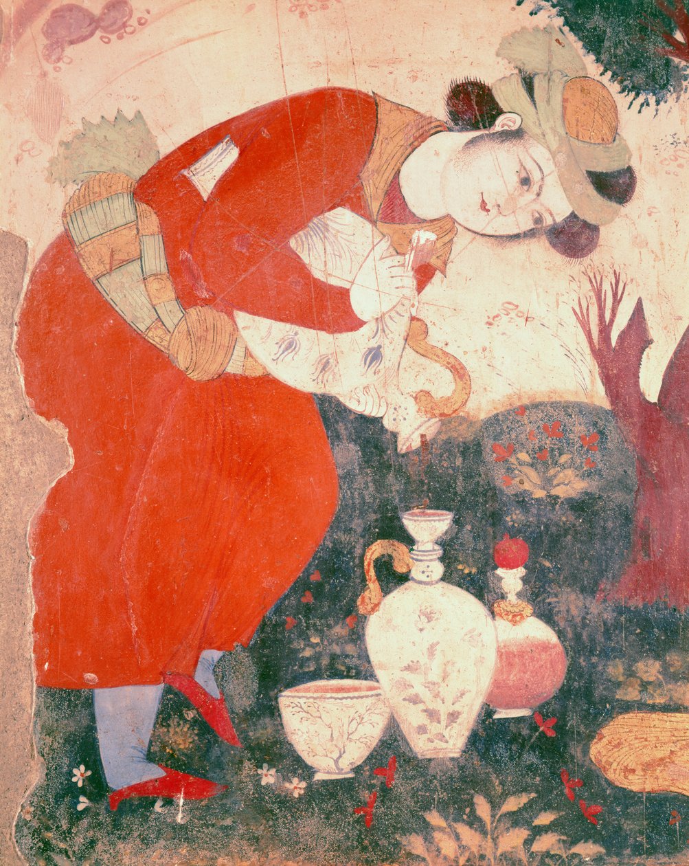 Mulher derramando vinho no Tribunal de Shah Abbas I, 1585-1627 (detalhe) de Persian School