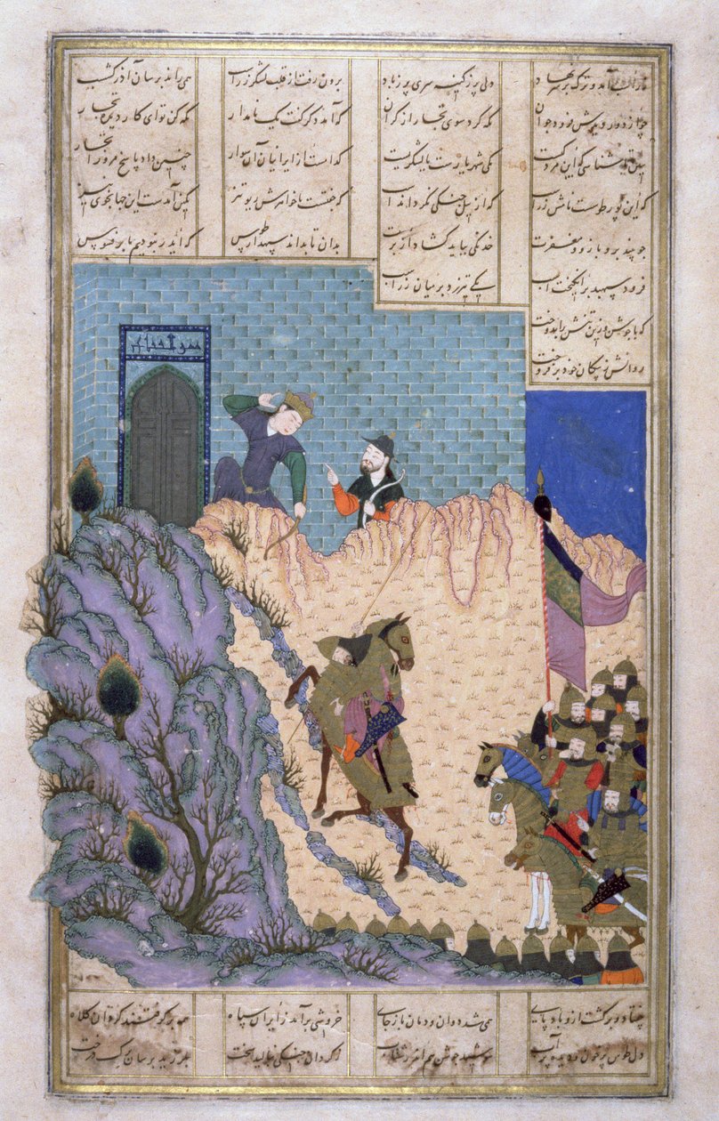 Zarasp Shot Por Farud no Monte Sapad, ilustração do Shahnama (Livro dos Reis), por Abul-Qasim Manur Firdawsi (c.934-c.1020) c.1440-45 (caneta, tinta e wc em pergaminho) de Persian School