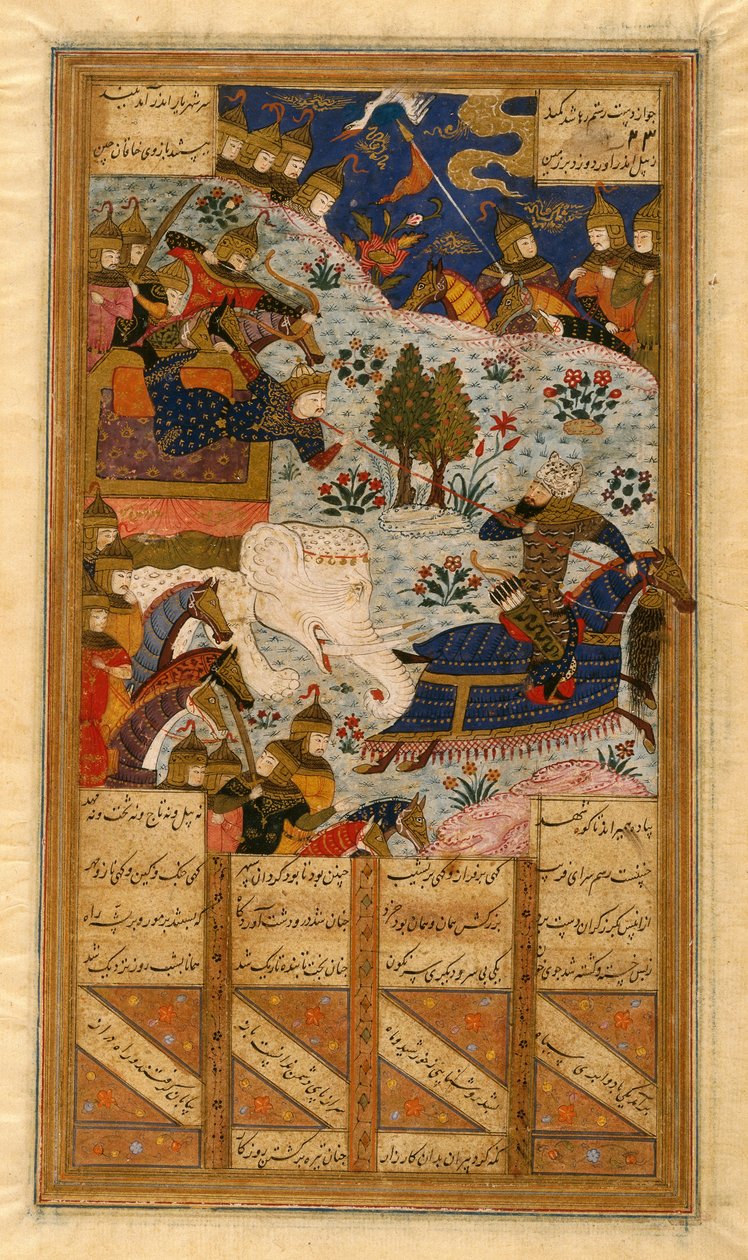 Rustum Lassoes the Khagan of China, fólio de um manuscrito do Shahnama de Ferdowsi (tinta, wc opaco e ouro sobre papel) (ver também 364075) de Persian School