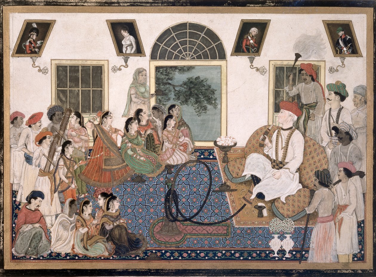 Um europeu, provavelmente Sir David Ochterlony (1758-1825), em trajes indianos, fumando um narguilé e assistindo a um nautch em sua casa em Delhi, c.1820 (tinta e cor no papel) de Persian School