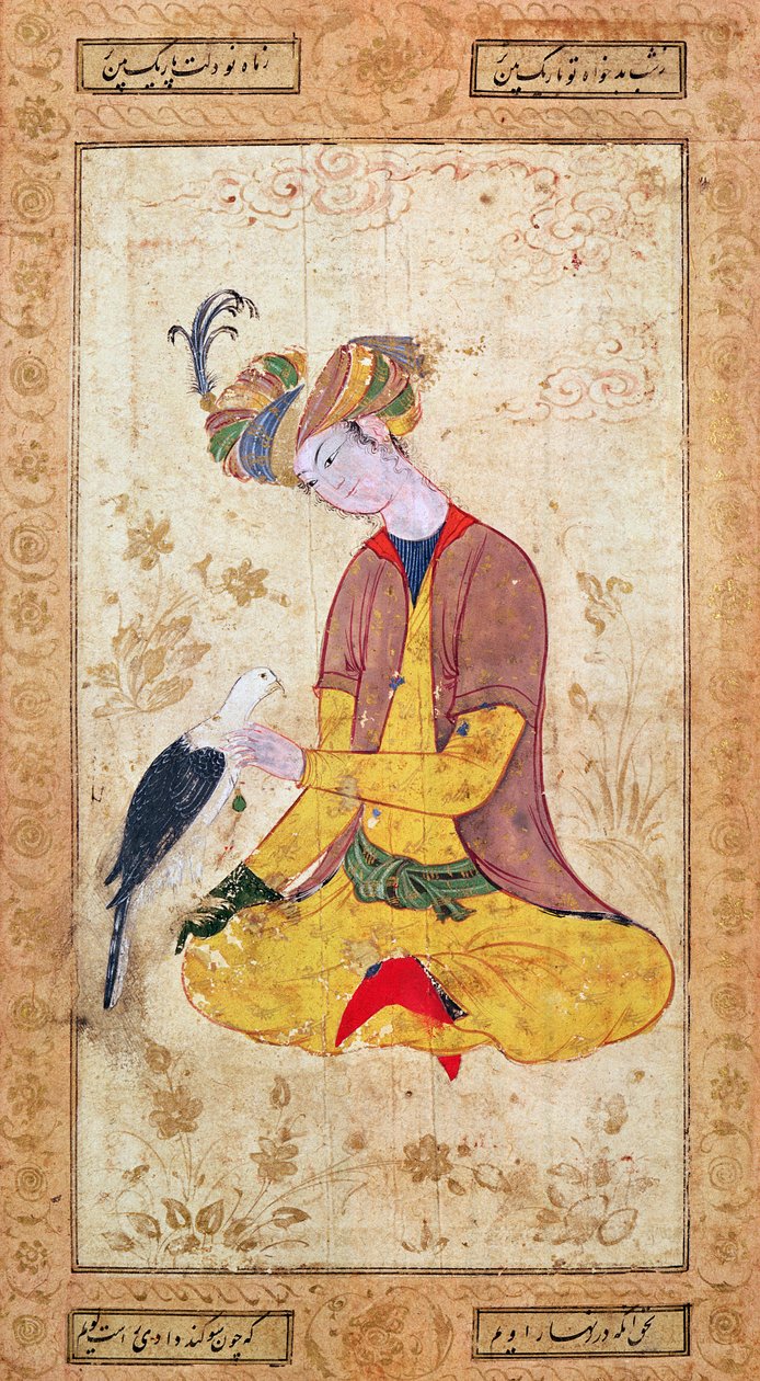 Um caçador acariciando seu falcão de Persian School