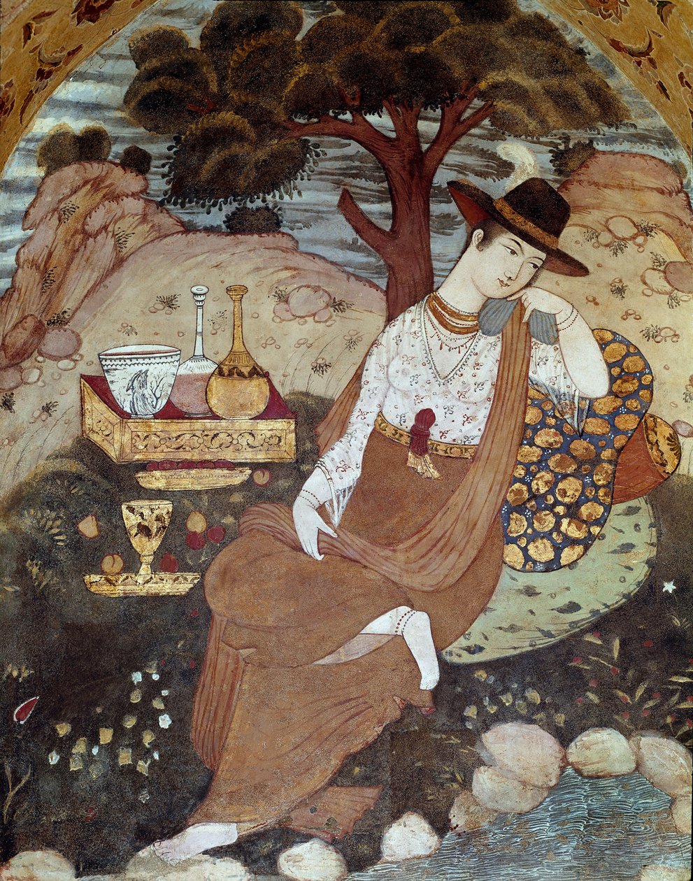 Uma princesa persa sob o domínio de Abbas I, descansando no século XVII. Fresco do Palácio das 40 Colunas (Chehel Sotoun) em Isfahan (Isfahan ou Espahan, Esfahan), Irão. de Persian School