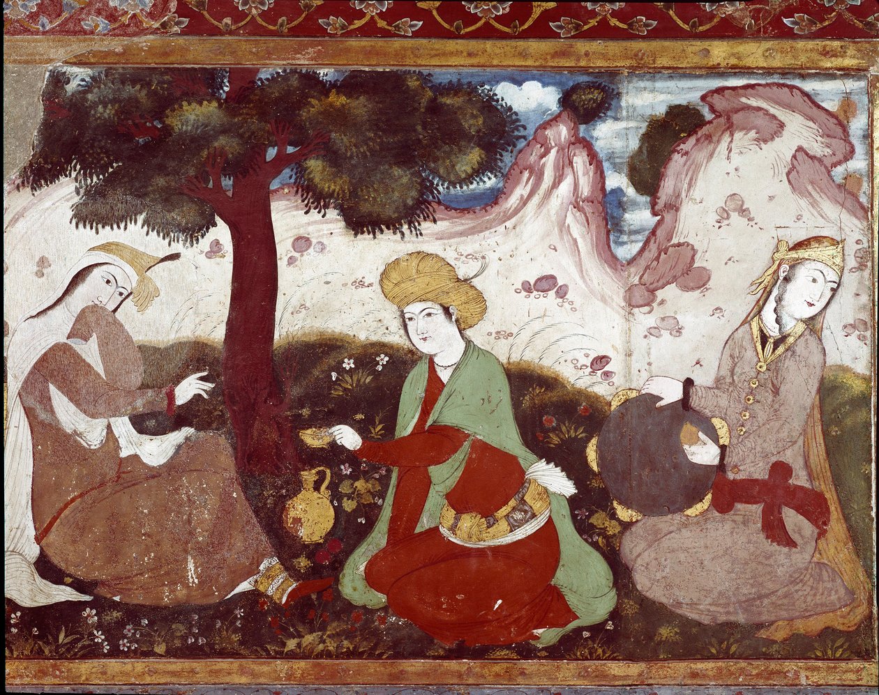 Uma princesa persa com as suas cortesãs num jardim do século XVII. Fresco do Palácio das 40 Colunas (Chehel Sotoun) em Isfahan (Isfahan ou Espahan, Esfahan), Irã. de Persian School