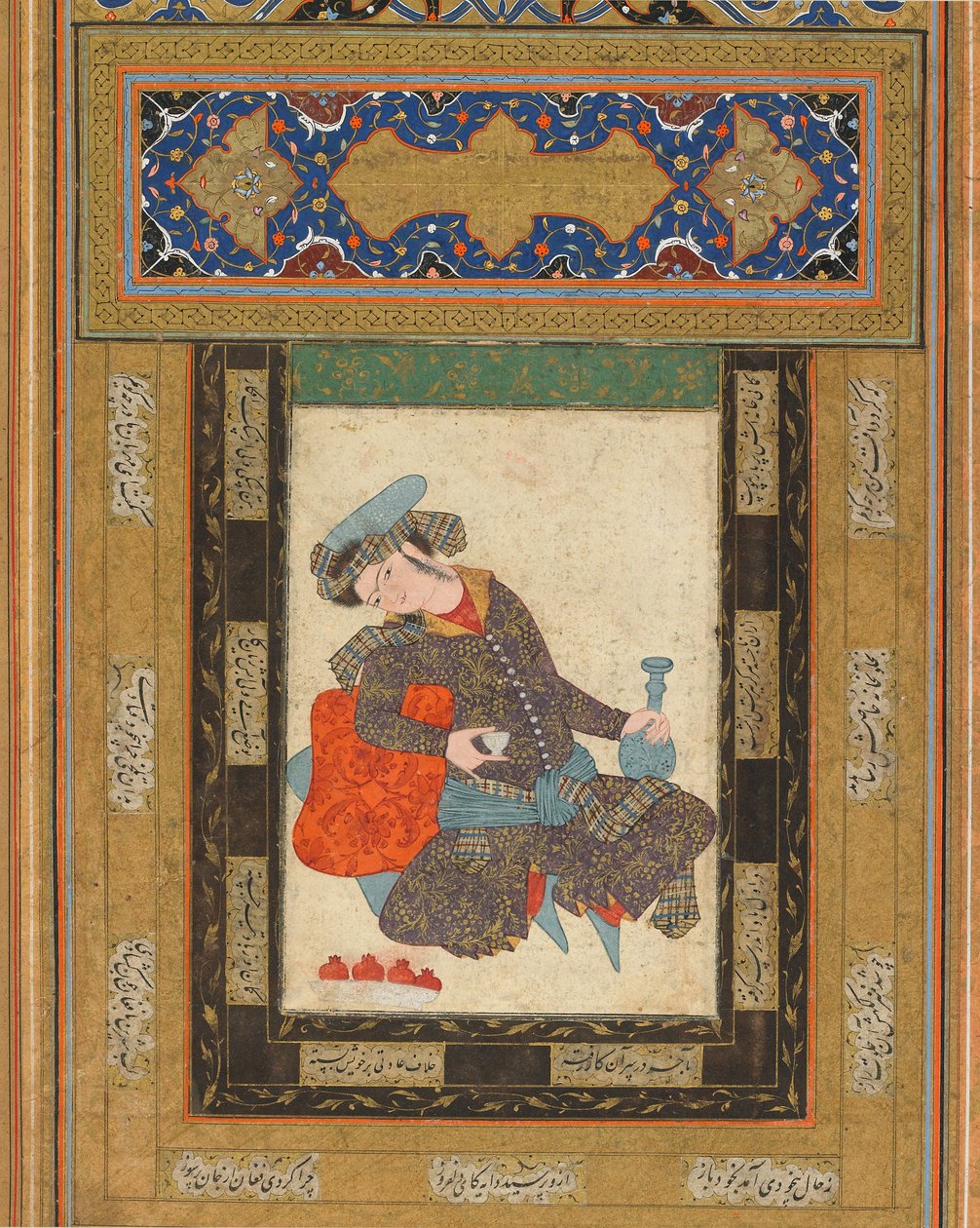Juventude Reclinada, Irã, período safávida, c.1600-10 (aquarela, tinta e ouro opacos sobre papel) de Persian School