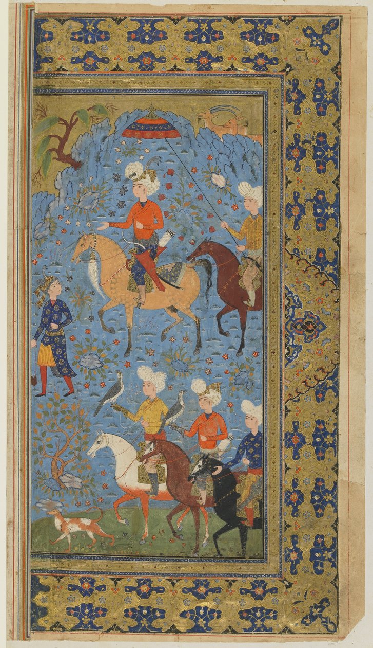 A Royal Hunt from a Shahnama (Livro dos reis) por Firdawsi, c.1590-1600 (tinta, aquarela opaca e ouro sobre papel) de Persian School