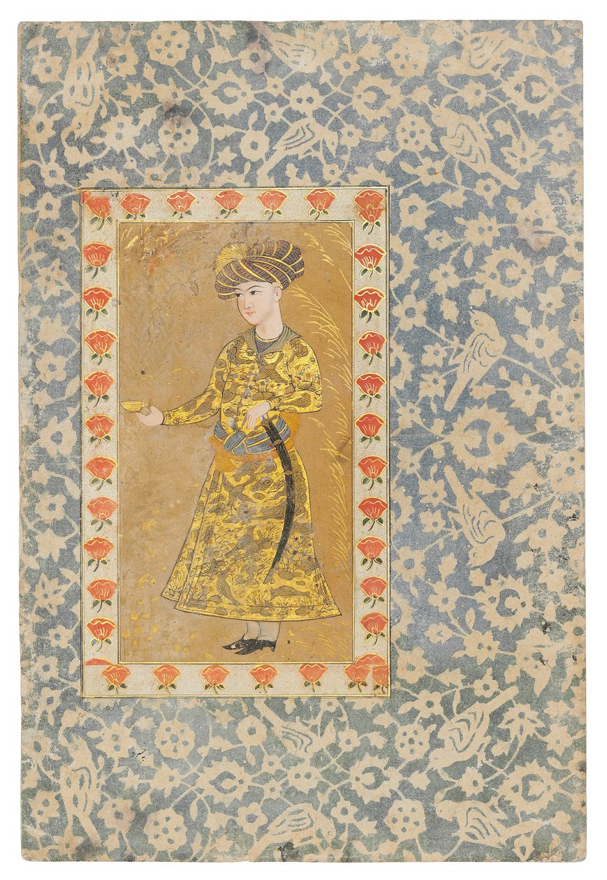 Um jovem segurando uma taça de vinho, Safavid Isfahan (pigmentos opacos realçados com ouro no papel) de Persian School