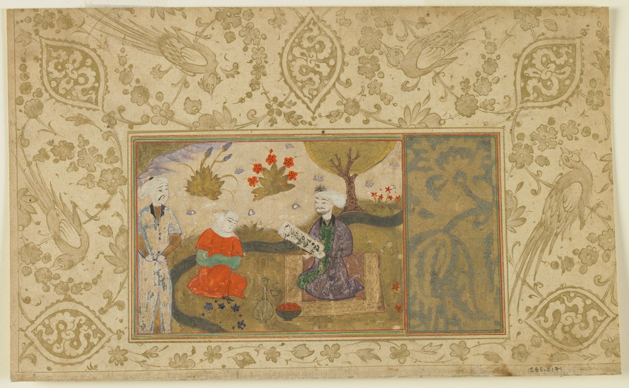 Um casal conversa perto de um riacho, c.1500 (aquarela opaca, tinta e ouro sobre papel) de Persian School