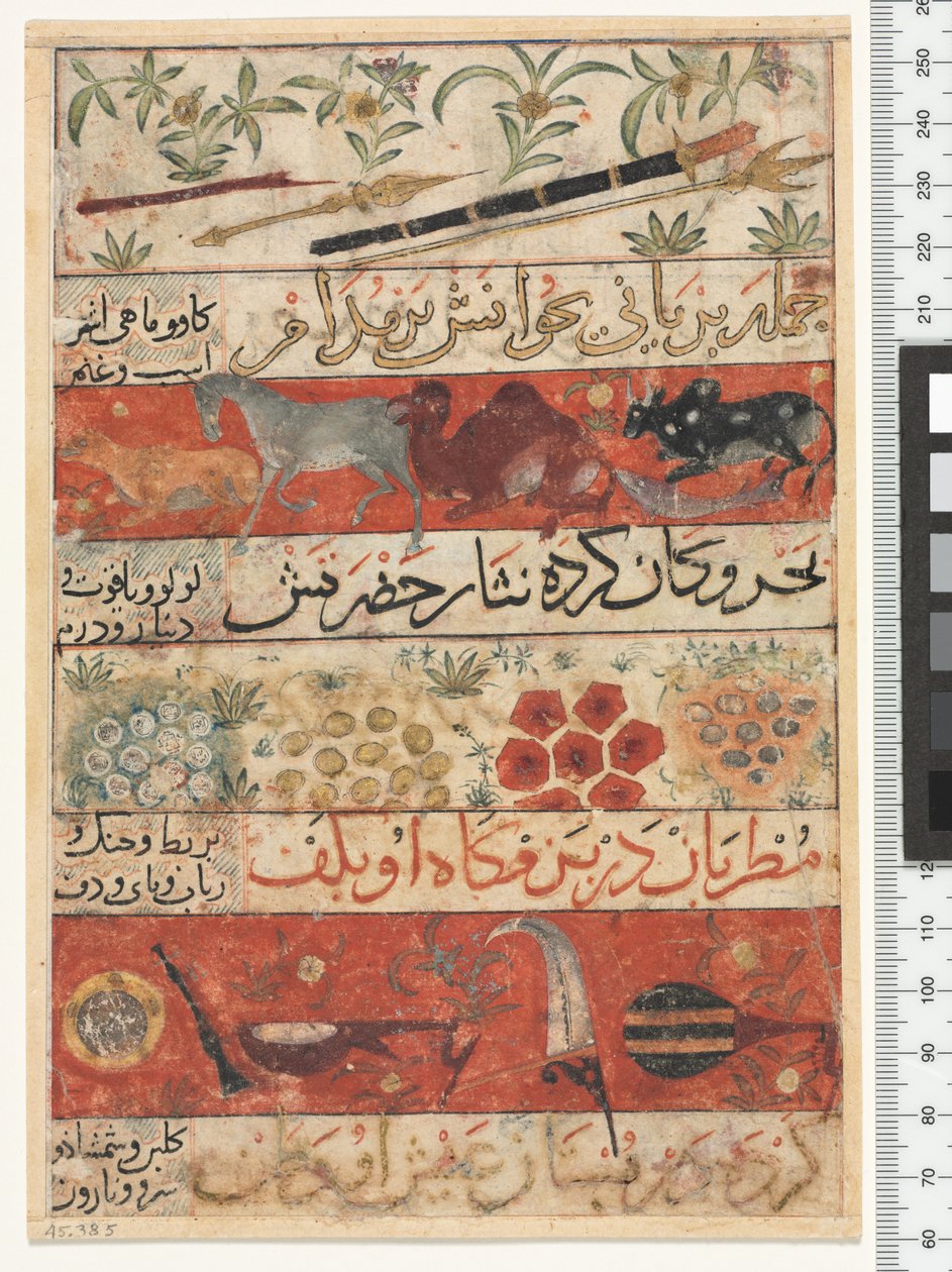 Animais, pedras preciosas, moedas e instrumentos musicais, período de Ilkhanid, 1341 de Persian School