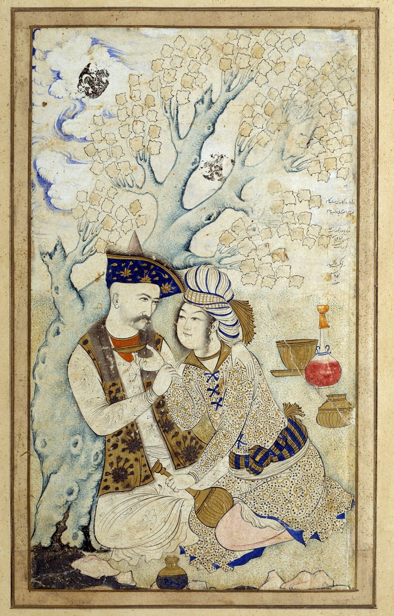 Art Islamismo: Retrato do Shah Abbas I abraçando uma das suas páginas. Desenho persa de 1672. Dim: 0,16 x 0,27m. Paris, Musee Du Louvre de Persian School