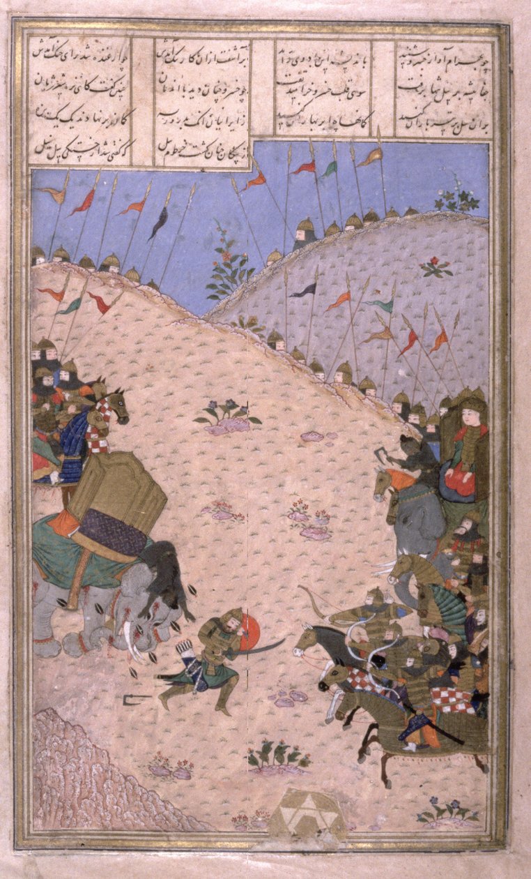 Bahram Chubina, seu elefante morto, brigas a pé, ilustração do Shahnama (Livro dos Reis), de Abul-Qasim Manur Firdawsi (c.934-c.1020) c.1440-45 (caneta, tinta e wc em velino) de Persian School