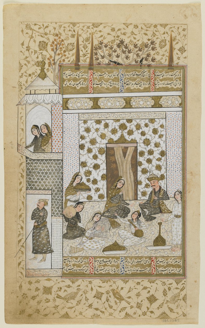 Bahram Gur e a princesa no pavilhão branco, de um Khamsa, c.1600-10 de Persian School