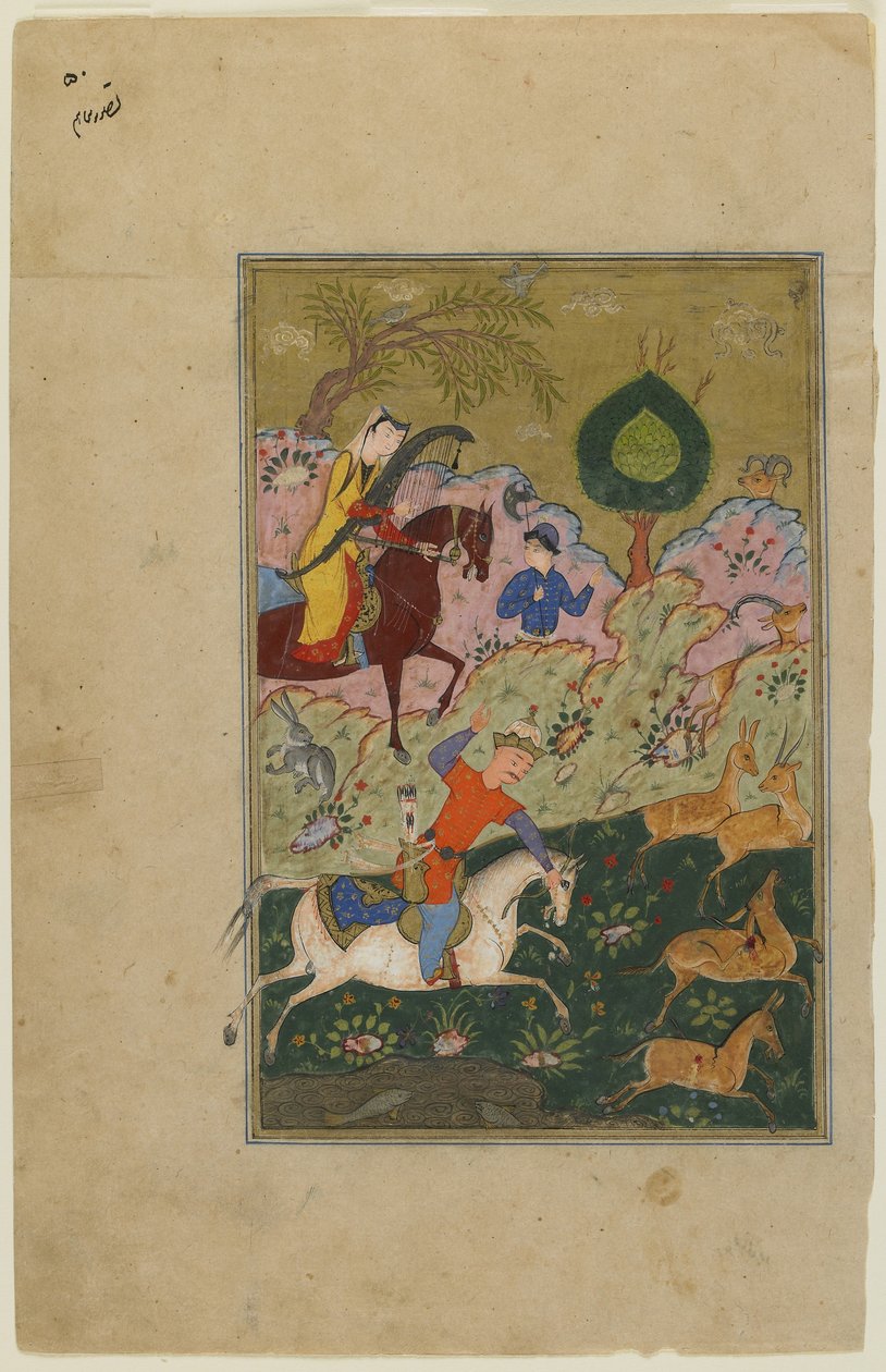 Bahram Gur caça com Azada, de um Khamsa, c.1580 de Persian School