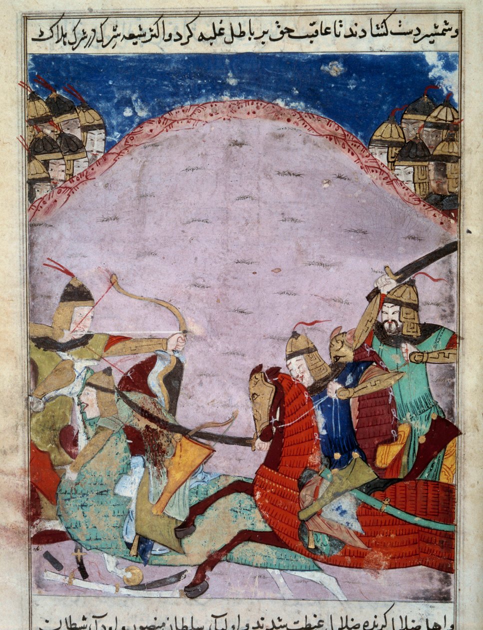 Batalha entre mongóis e georgianos. Os georgianos estão a fugir. Uma miniatura persa por volta de 1430. Paris, B.N. de Persian School