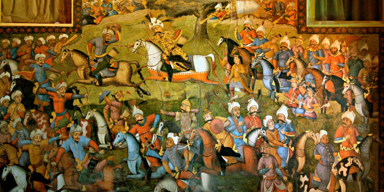 Batalha de Taher-Abad ou Batalha de Merv com a vitória do Xá Ismail I sobre Muhammad Shaybani Khan, Recepção Hall, Chehel Sotun, 1647 de Persian School
