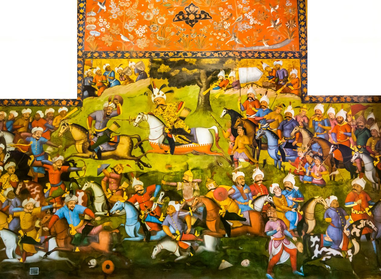 Batalha de Taher-Abad ou Batalha de Merv com a vitória do Xá Ismail I sobre Muhammad Shaybani Khan, Recepção Hall, Chehel Sotun, 1647 de Persian School