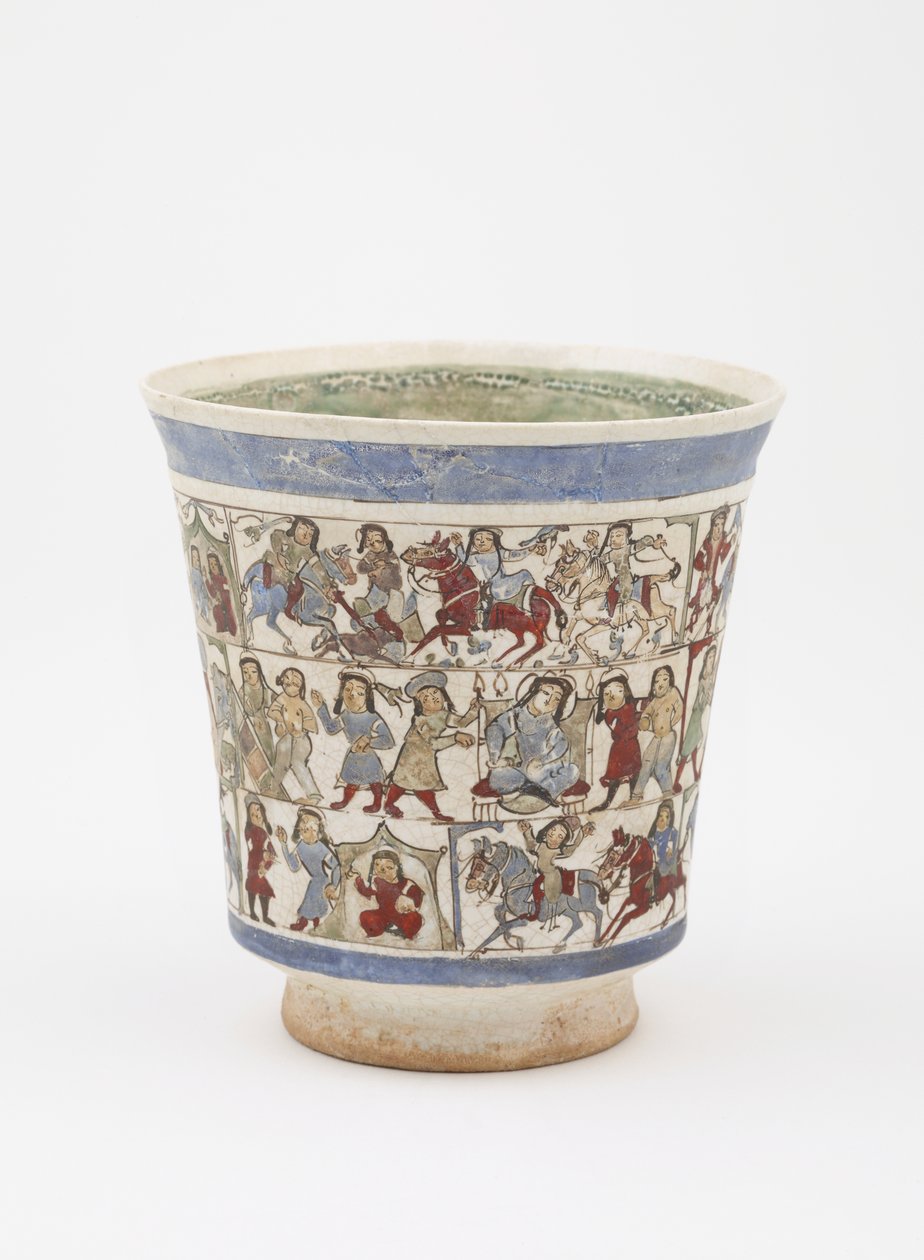 Copo representando o &39;Shahnama&39;, Kashan, Irã, Período Saljuq, final do século 12 (pasta de pedra pintada com esmalte e sobre esmalte) de Persian School