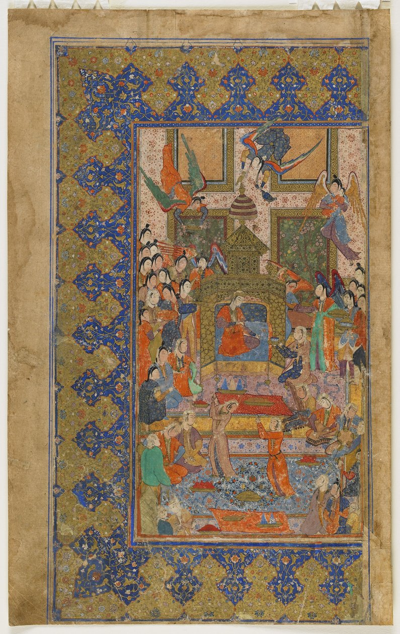 Bilqis entronizado de Khamsa (Quinteto), c.1560 (aquarela opaca, tinta e ouro sobre papel) de Persian School