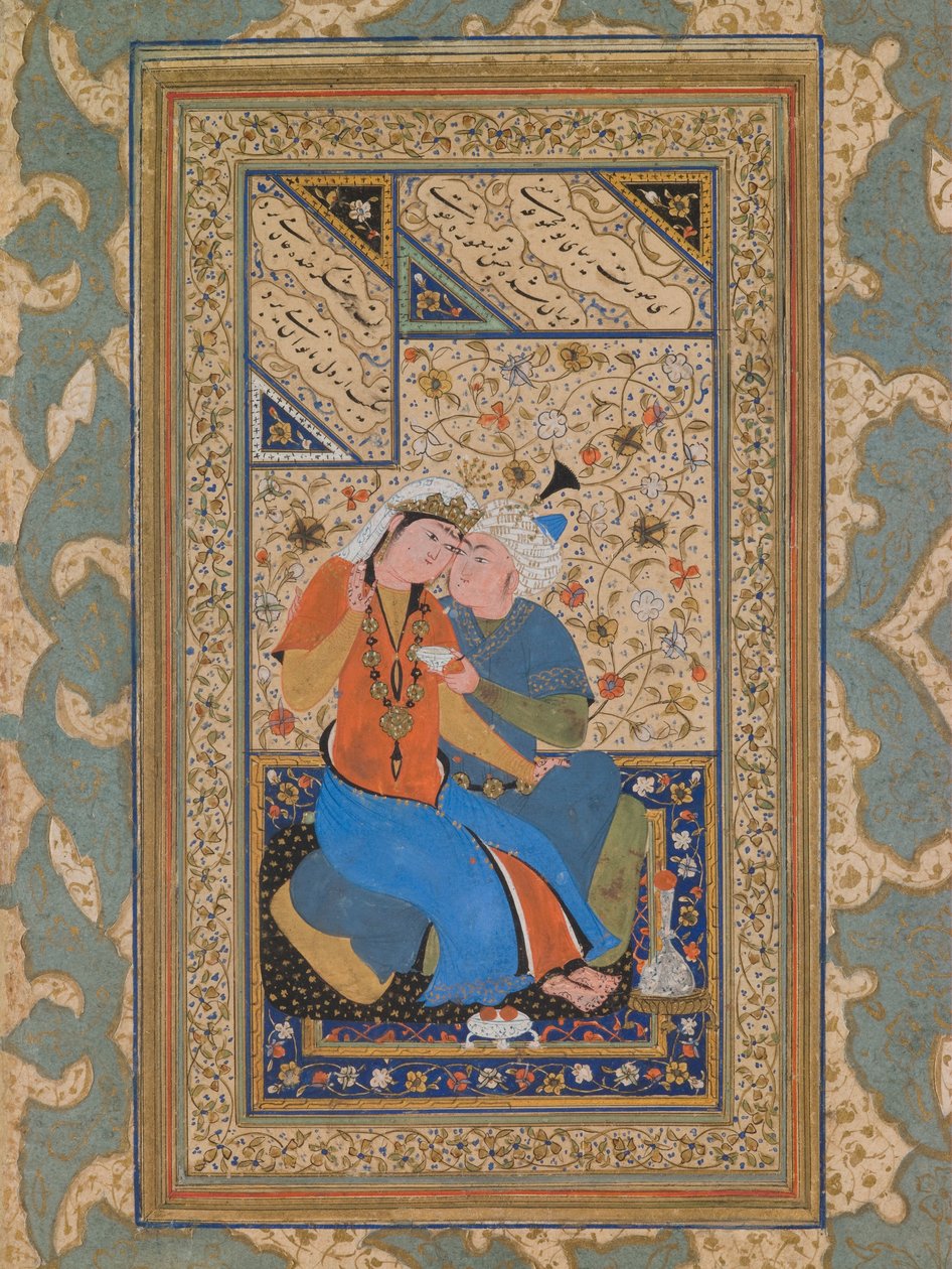 Casal em conversa afectuosa, período Safávida (aguarela sobre papel) de Persian School