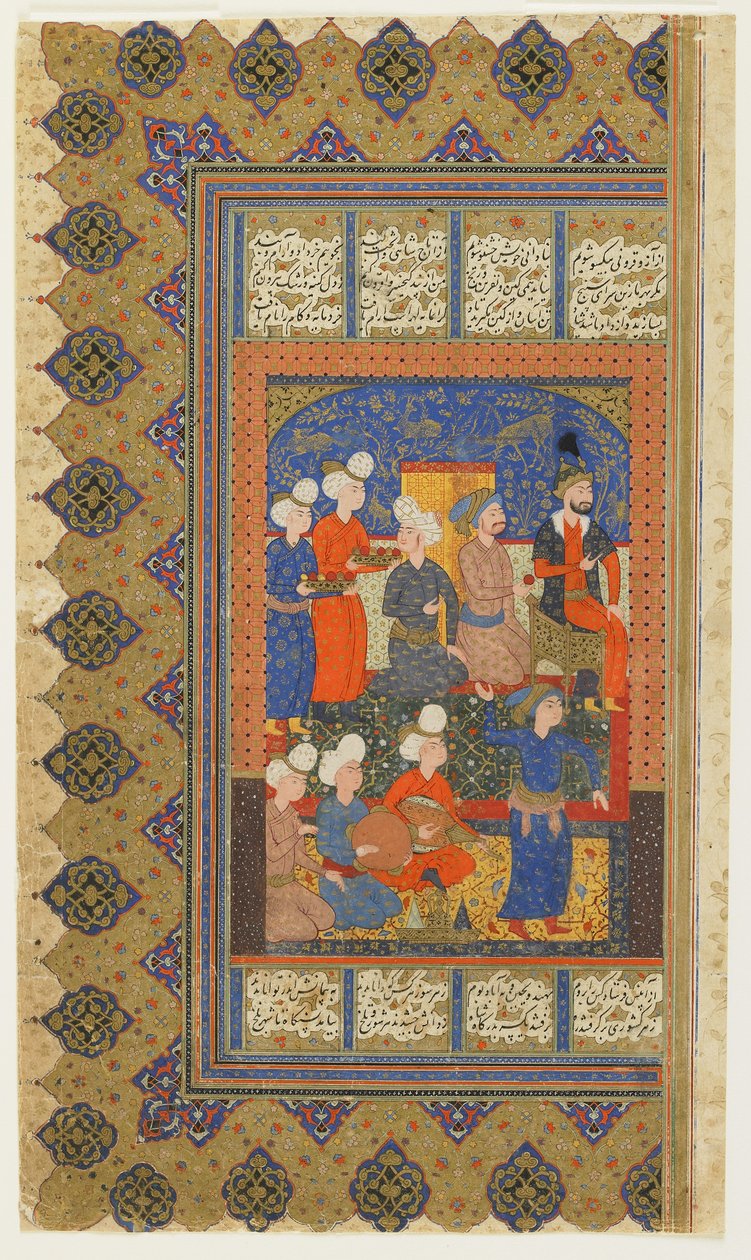 Cortesãos com Luhrasp entronizado de um Shahnama (Livro dos reis) por Firdawsi,, c.1590-1600 (tinta, aquarela opaca e ouro sobre papel) de Persian School