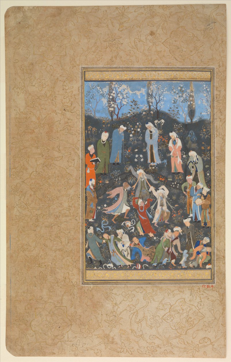 "Dervixes dançantes", Folio from a Divan of Hafiz, c.1480 (aquarela opaca e ouro sobre papel) de Persian School