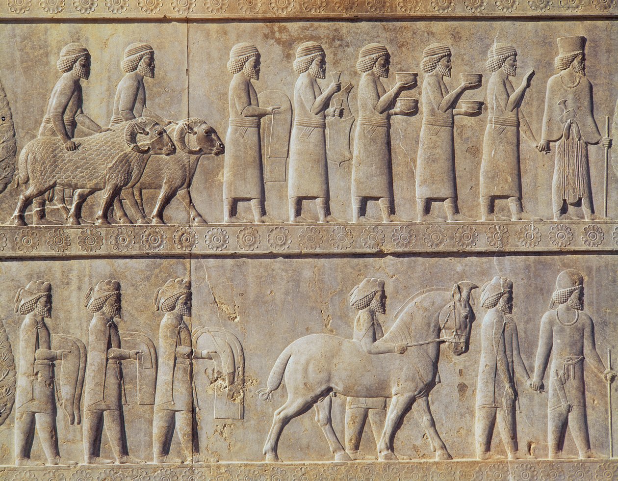 Detalhe do friso em relevo na escadaria leste da Apadana (sala de audiências) retratando os delegados das terras do império com presentes generosos para uma cerimônia, período Aquemeniano, c.515 a.C. (calcário) de Persian School